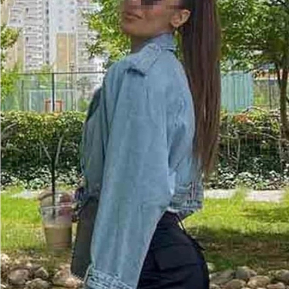 Indefeir Cropped Denim Moto Jacket Light Wash Belted Raw Hem Blue Womens Size S - Picture 9 of 10